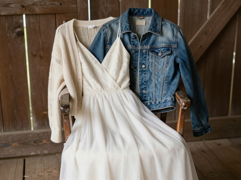 Layered country wedding guest outfit for changing temperatures