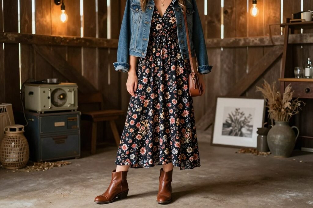 Layered western wedding guest outfit for barn venue