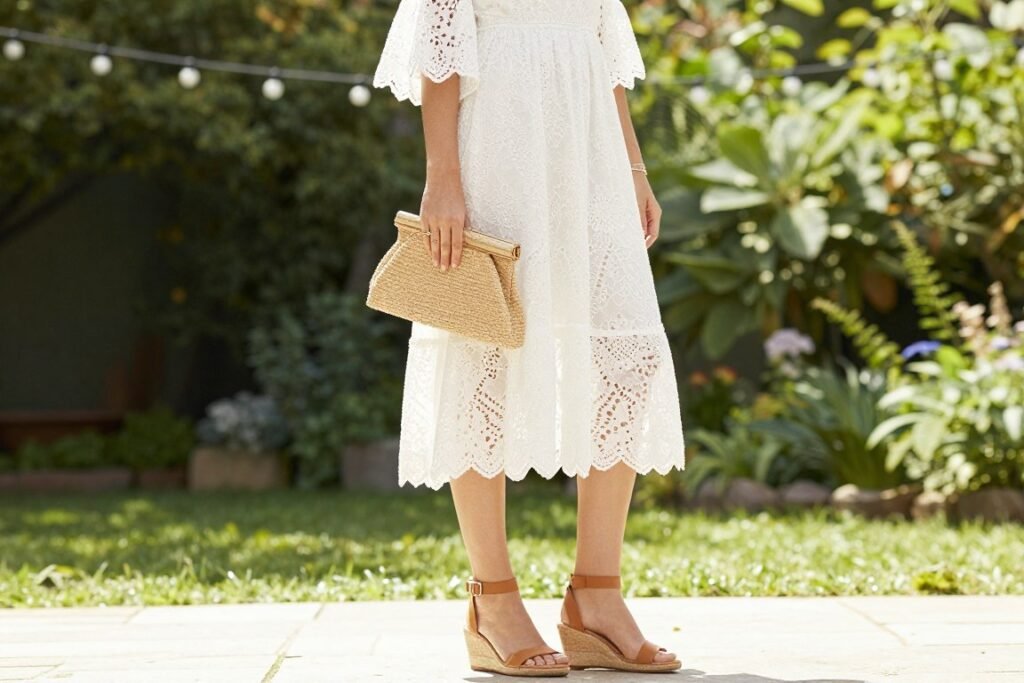 Light and breezy summer western wedding guest outfit with sandals