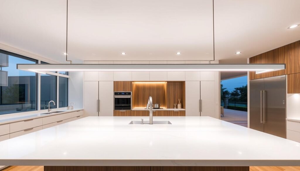 Long linear chandelier spanning entire length of kitchen island Long linear chandelier spanning entire length of kitchen island