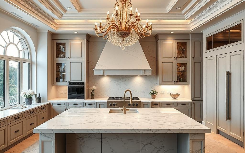 Luxury designer kitchen island chandelier in upscale setting Luxury designer kitchen island chandelier in upscale setting