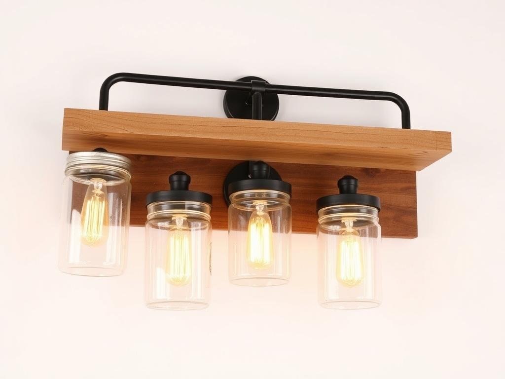 Mason jar vanity light fixture with wood accents Mason jar vanity light fixture with wood accents