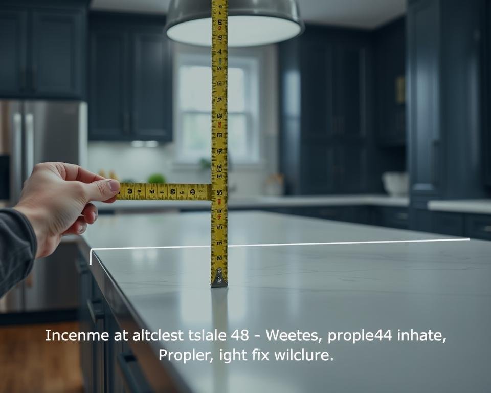 Measuring tape showing kitchen island width measurement Measuring tape showing kitchen island width measurement