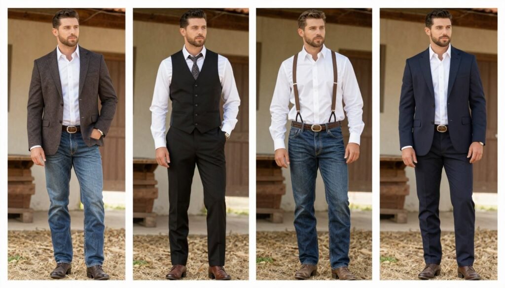 Men's casual country wedding outfit ideas with various combinations