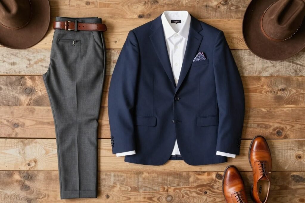 Men's country wedding guest outfit with blazer and dress pants