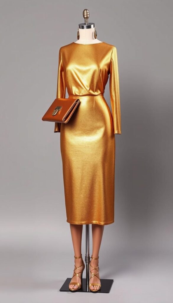 Metallic gold fall wedding guest dress with bronze accessories Metallic gold fall wedding guest dress with bronze accessories