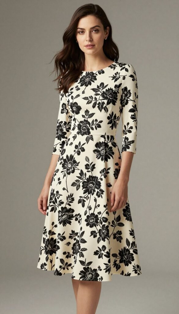 Midi dress with black floral pattern