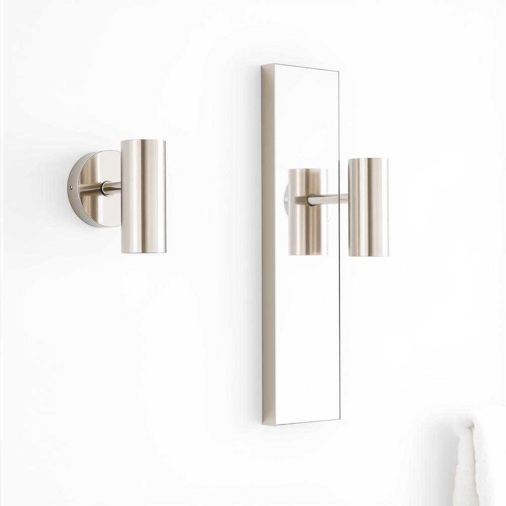 Minimalist chrome vanity sconces on white wall Minimalist chrome vanity sconces on white wall