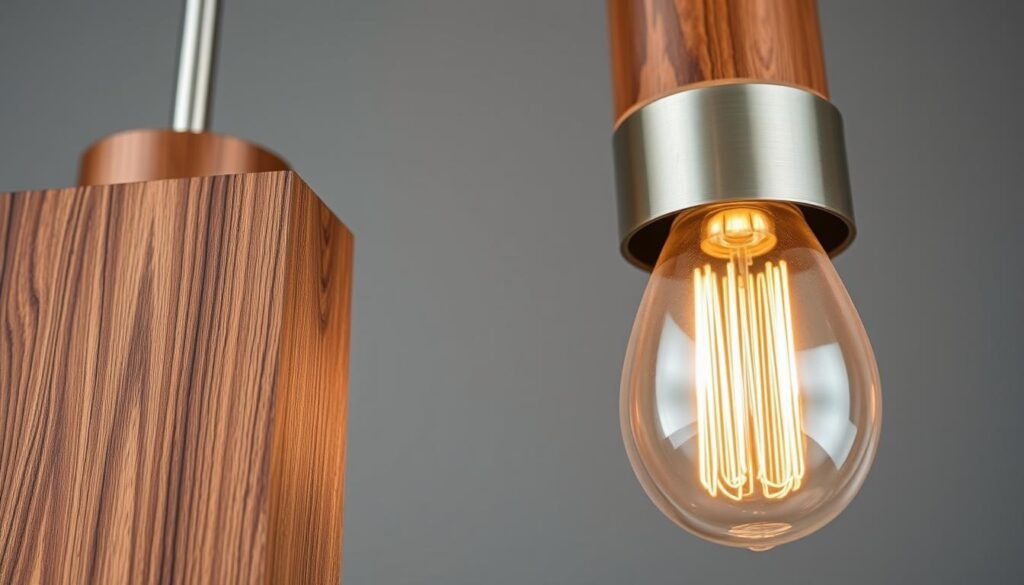 Mixed material pendant combining wood and metal elements Mixed material pendant combining wood and metal elements