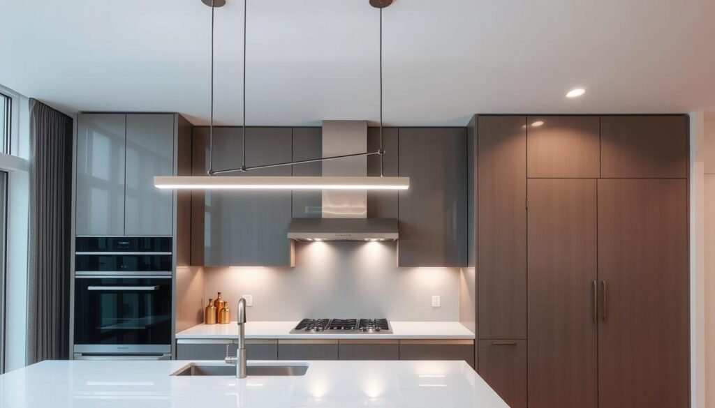 Modern LED linear chandelier above sleek kitchen island Modern LED linear chandelier above sleek kitchen island