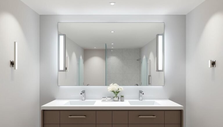 Modern bathroom vanity lighting illuminating a double sink with mirror
