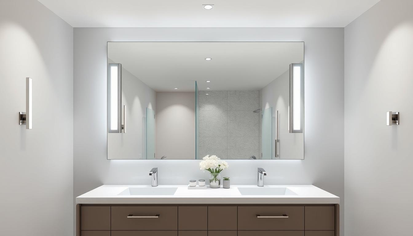 Modern bathroom vanity lighting illuminating a double sink with mirror