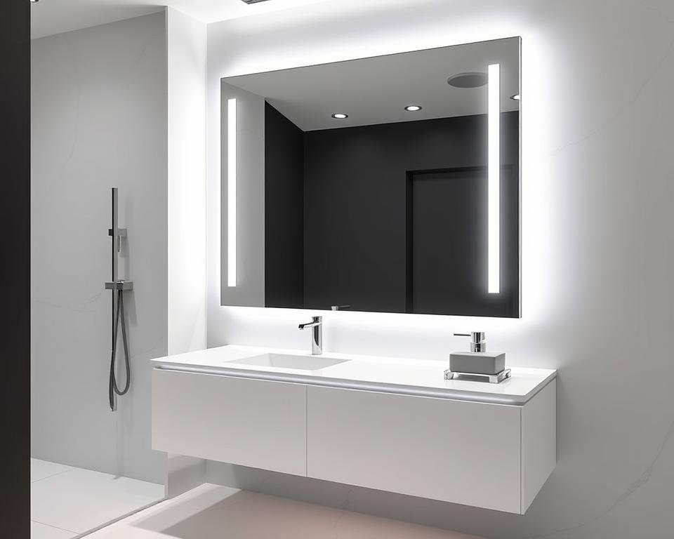 Modern bathroom with sleek LED vanity lighting and minimalist design Modern bathroom with sleek LED vanity lighting and minimalist design