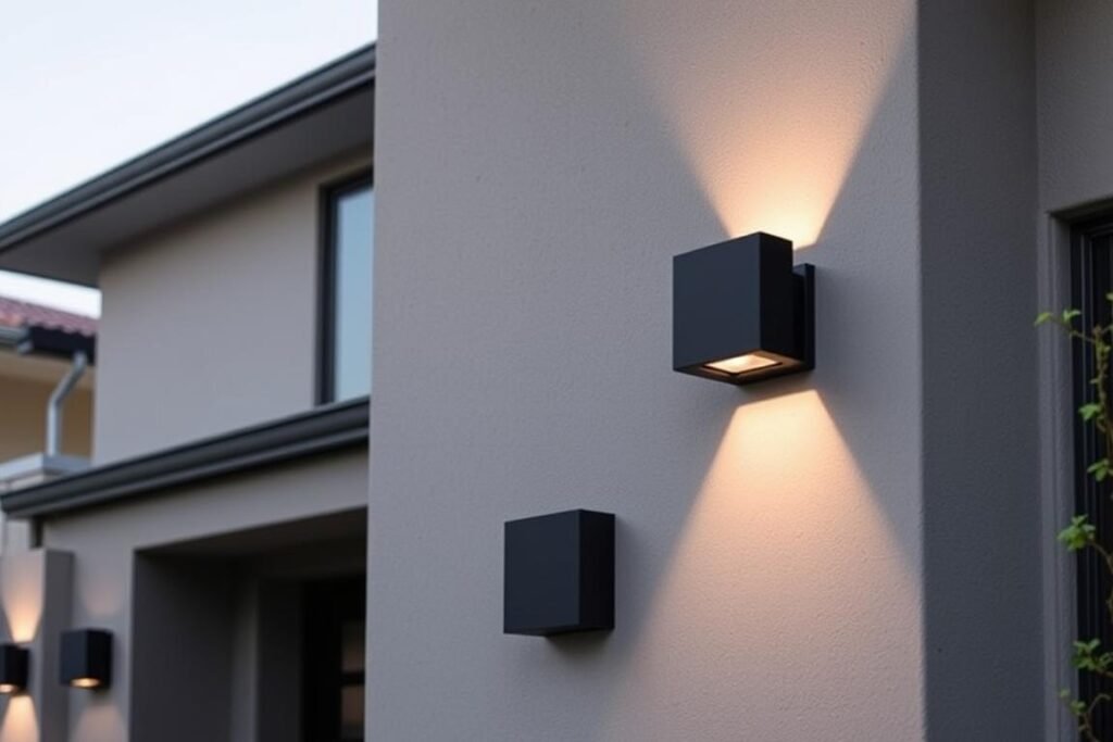 Modern black fixtures on contemporary home exterior Modern black fixtures on contemporary home exterior
