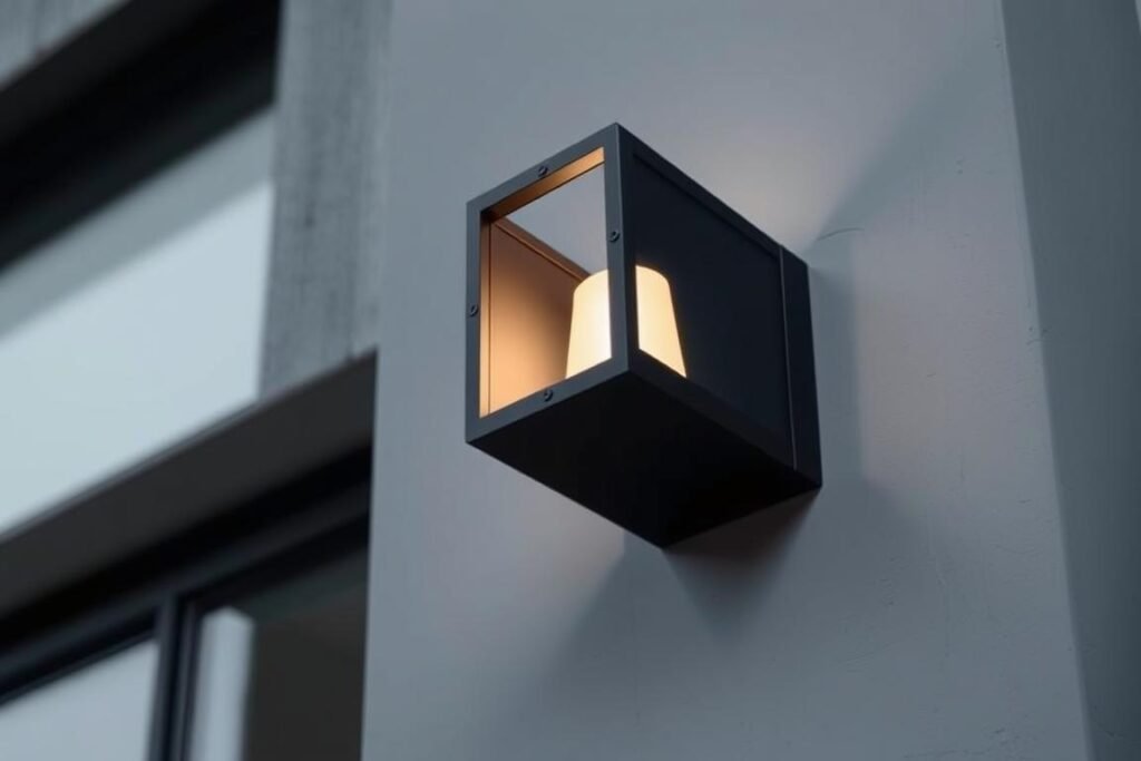 Modern black outdoor wall sconce with geometric design on contemporary home exterior Modern black outdoor wall sconce with geometric design on contemporary home exterior