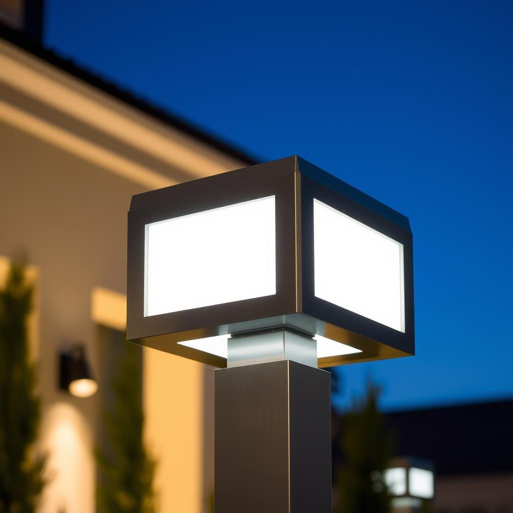 Modern cube-style post light with frosted glass Modern cube-style post light with frosted glass