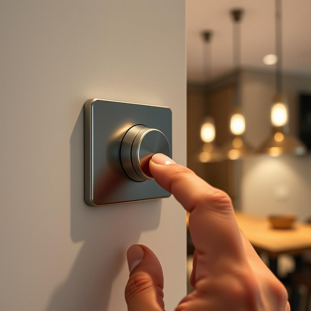 Modern dimmer switch on wall controlling island pendant lights Modern dimmer switch on wall controlling island pendant lights