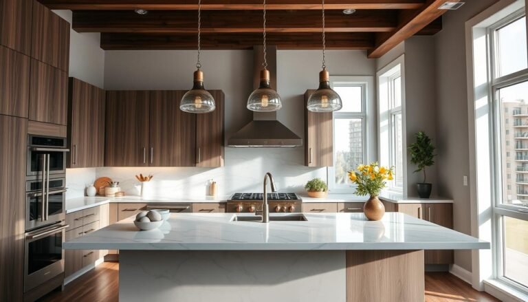 Modern kitchen island with three pendant lights hanging above marble countertop