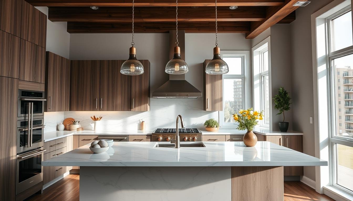 Modern kitchen island with three pendant lights hanging above marble countertop