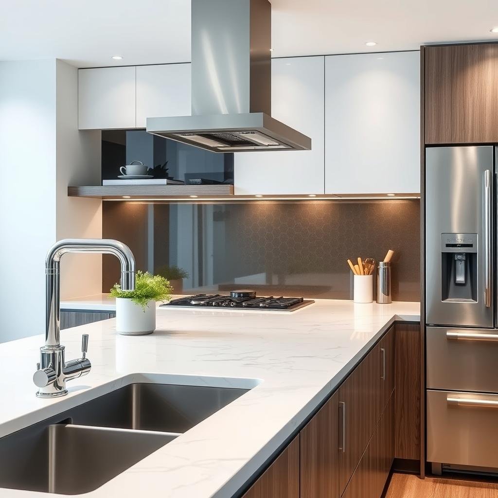 Modern kitchen with chrome and nickel light fixtures Modern kitchen with chrome and nickel light fixtures