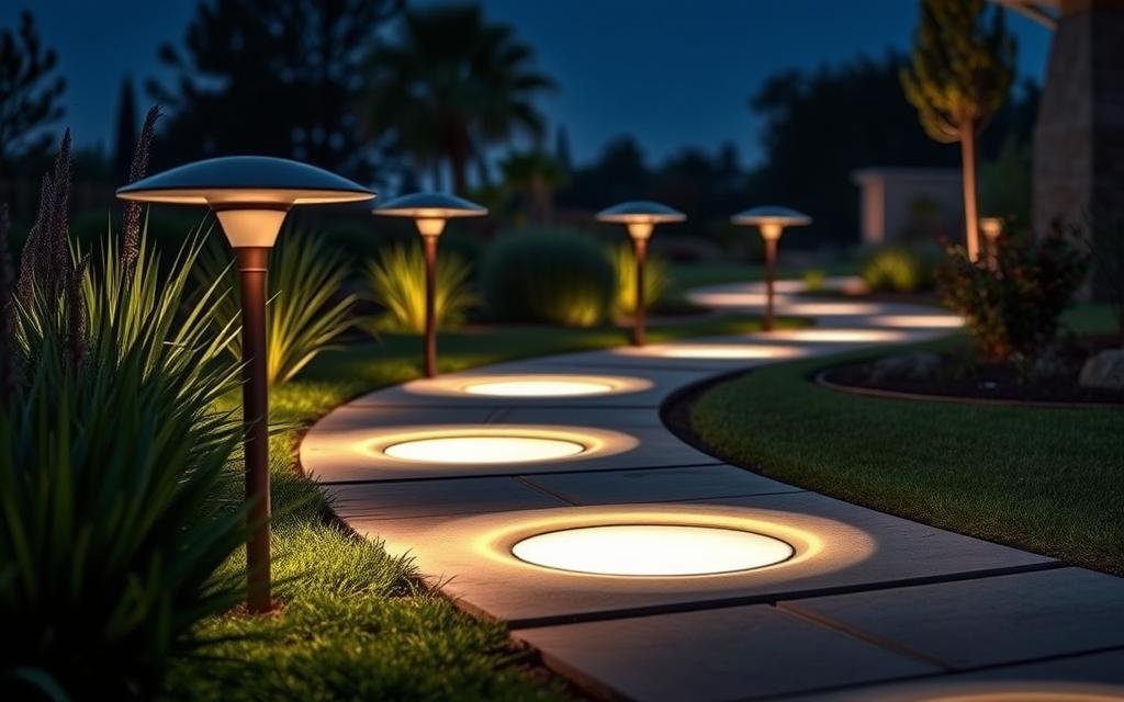 Modern low-profile landscape lights illuminating front yard pathway at night Modern low-profile landscape lights illuminating front yard pathway at night