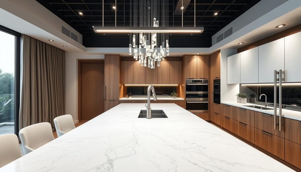 Modern waterfall island with coordinating linear LED lighting Modern waterfall island with coordinating linear LED lighting