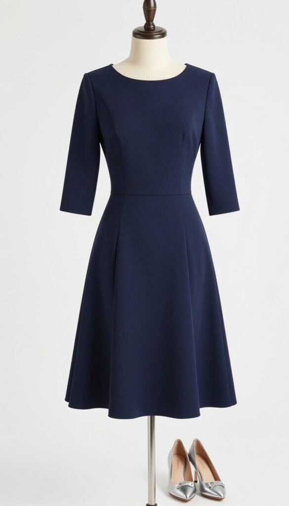 Navy fit-and-flare fall wedding guest dress Navy fit-and-flare fall wedding guest dress