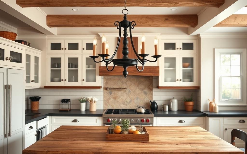 Oil rubbed bronze farmhouse chandelier above wooden kitchen island Oil rubbed bronze farmhouse chandelier above wooden kitchen island