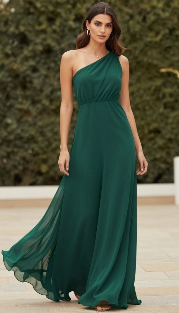 One shoulder maxi dress in dark green