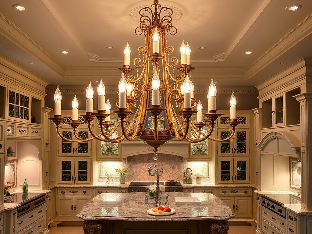 Ornate multi-arm chandelier above large kitchen island Ornate multi-arm chandelier above large kitchen island