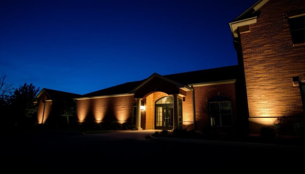 Outdoor spotlights uplighting house facade and entrance features at night Outdoor spotlights uplighting house facade and entrance features at night