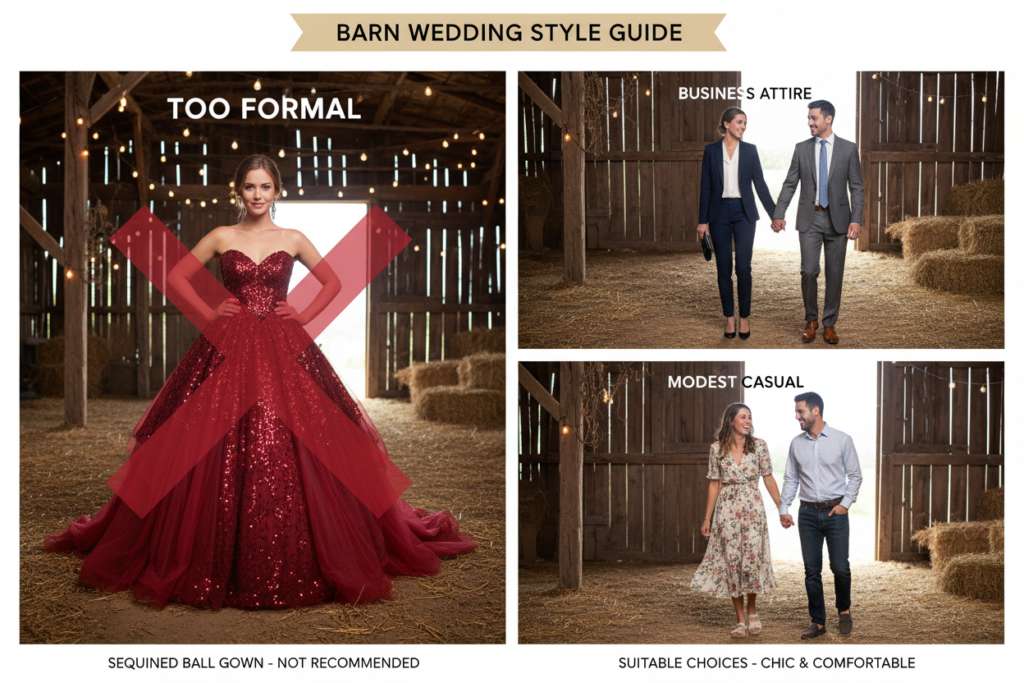 Overly formal ball gown inappropriate for rustic western wedding