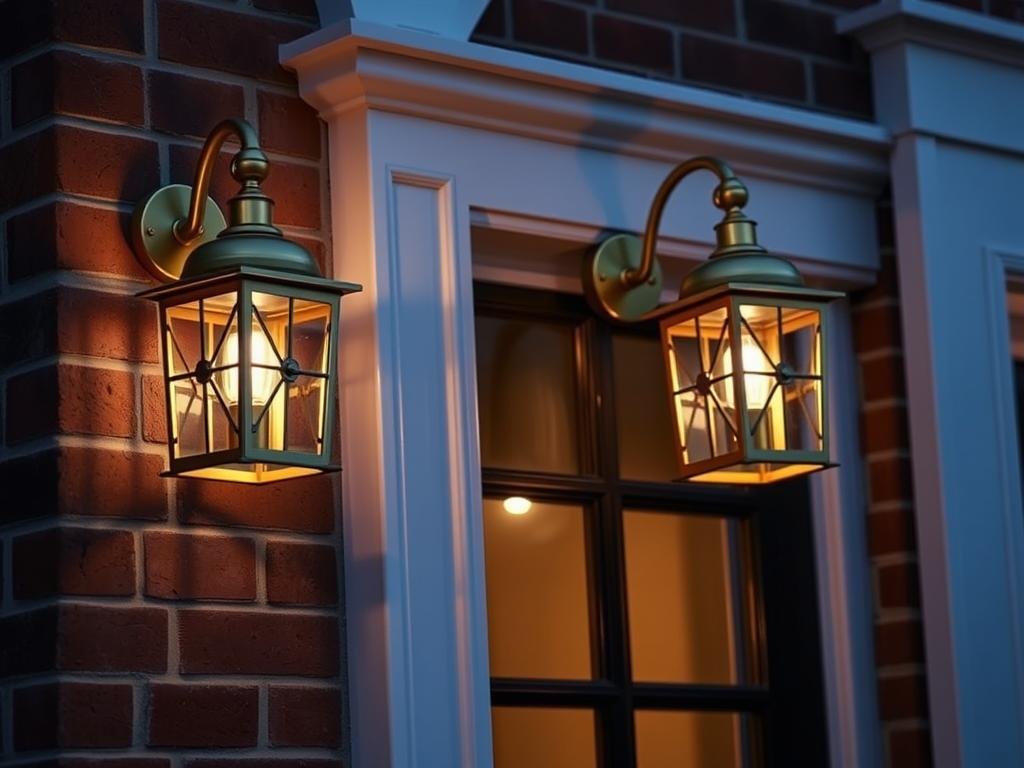 Pair of elegant outdoor wall sconces flanking a front door, creating symmetrical entrance lighting Pair of elegant outdoor wall sconces flanking a front door, creating symmetrical entrance lighting