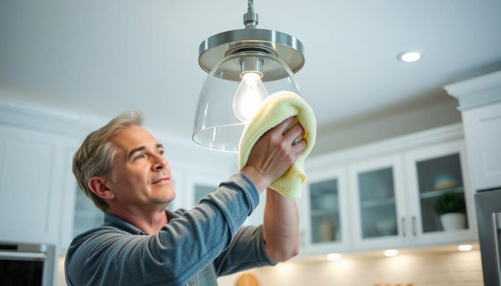 Person cleaning kitchen island pendant light fixture Person cleaning kitchen island pendant light fixture