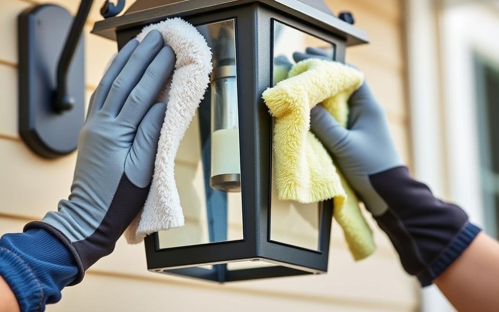 Person cleaning outdoor light fixture glass panels Person cleaning outdoor light fixture glass panels