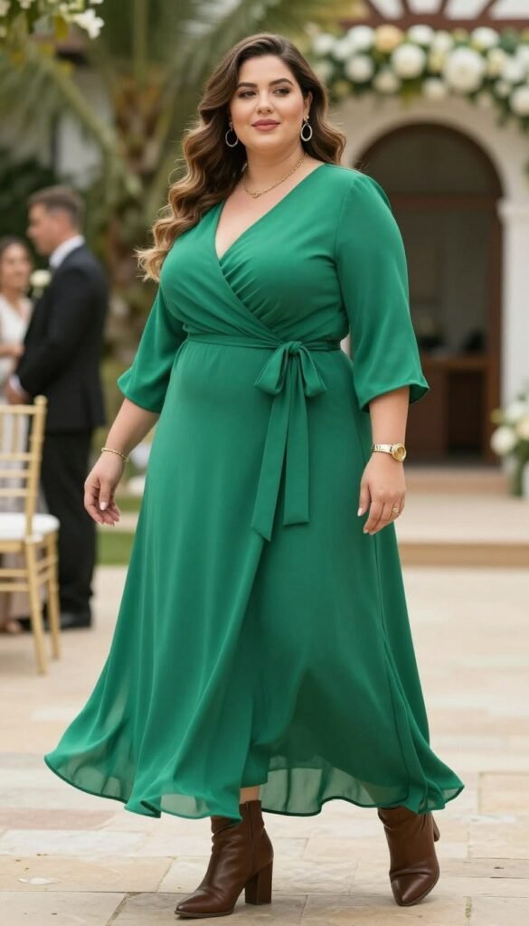 Plus size western wedding guest outfit looking elegant and comfortable