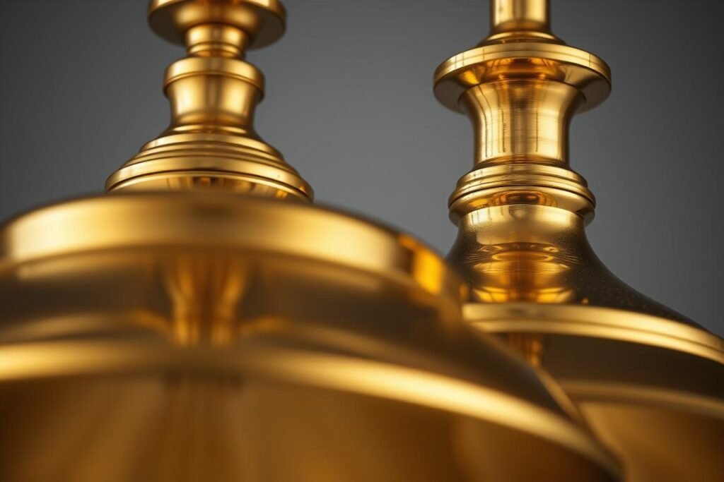 Polished brass pendant light fixture close-up Polished brass pendant light fixture close-up