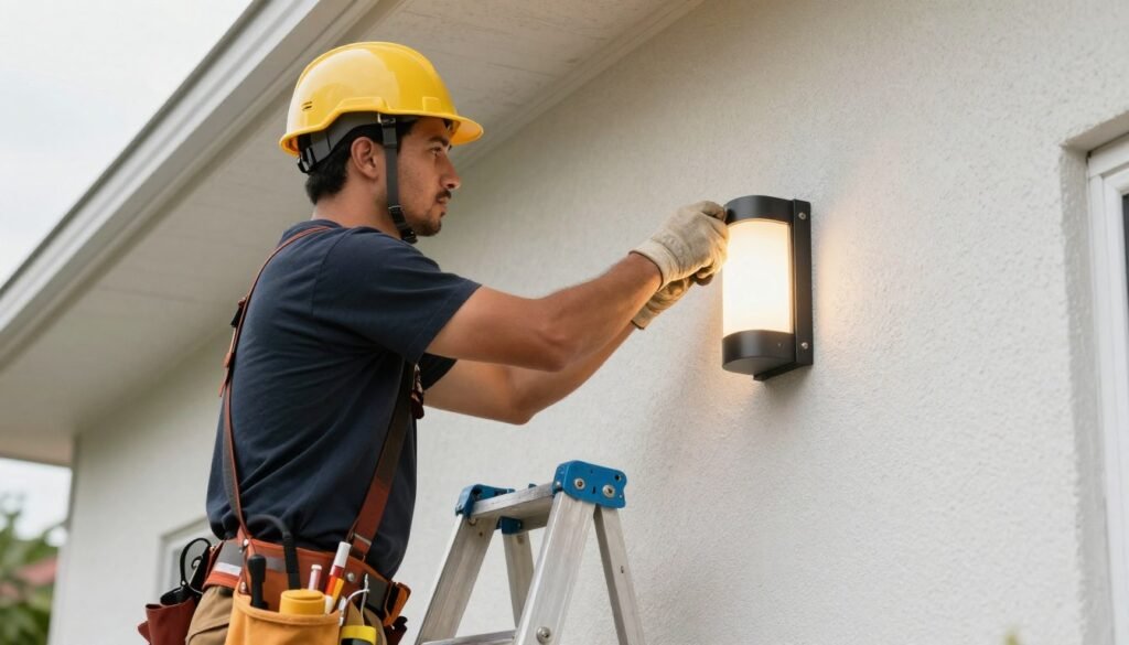 Professional electrician installing outdoor light fixture at entrance Professional electrician installing outdoor light fixture at entrance