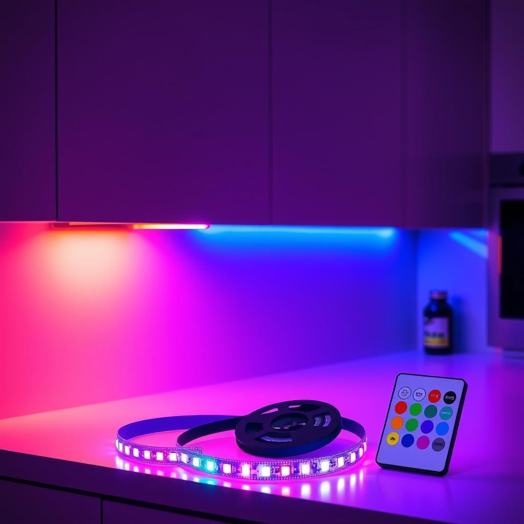 RGB color changing LED strip showing multiple colors