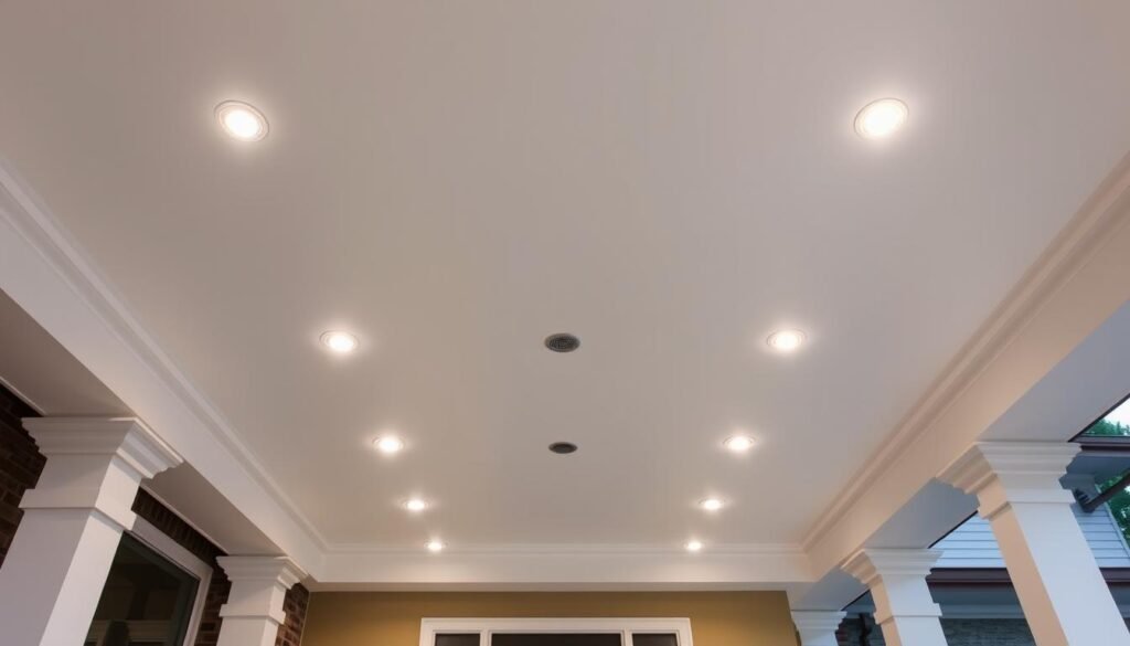 Recessed ceiling lights in covered porch entrance creating ambient glow Recessed ceiling lights in covered porch entrance creating ambient glow