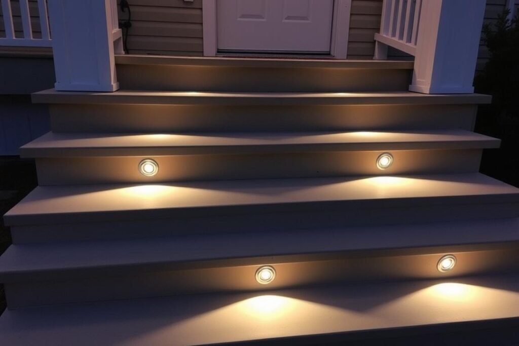Recessed step lights illuminating porch stairs Recessed step lights illuminating porch stairs