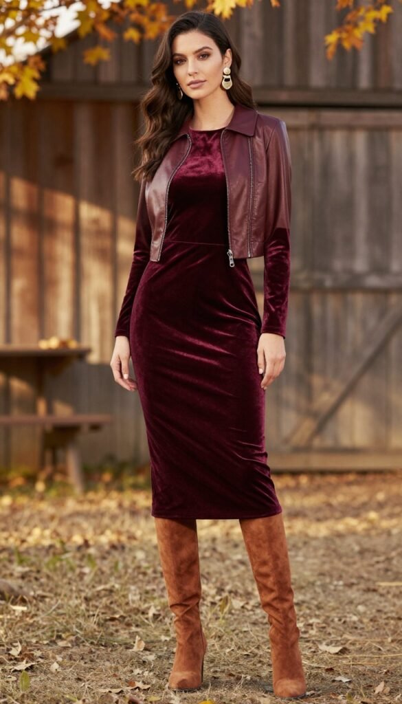 Rich-toned fall western wedding guest outfit with boots and jacket