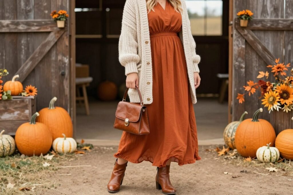 Rustic barn fall western wedding guest outfit in warm earth tones