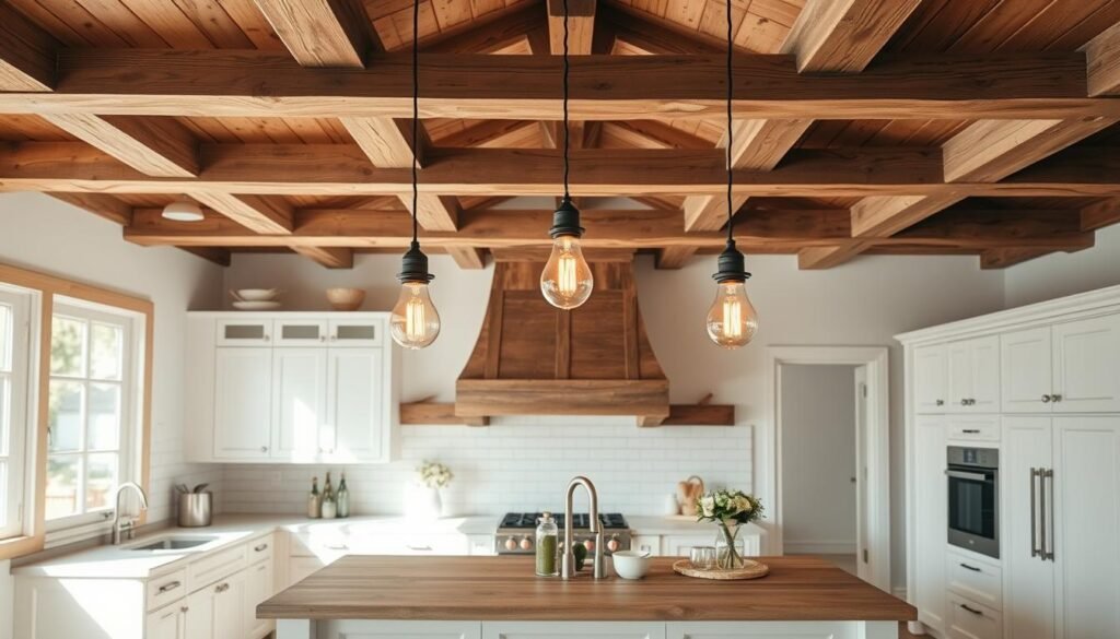 Rustic farmhouse kitchen with wood beam and mason jar pendant lights Rustic farmhouse kitchen with wood beam and mason jar pendant lights