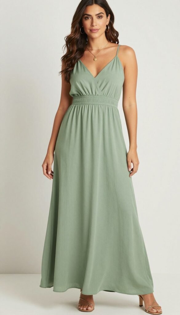 Sage green maxi dress styled