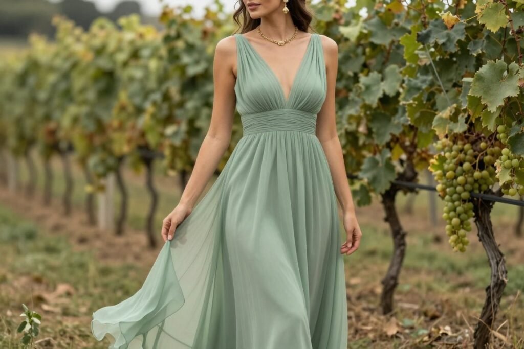 Sage green western wedding guest outfit dress
