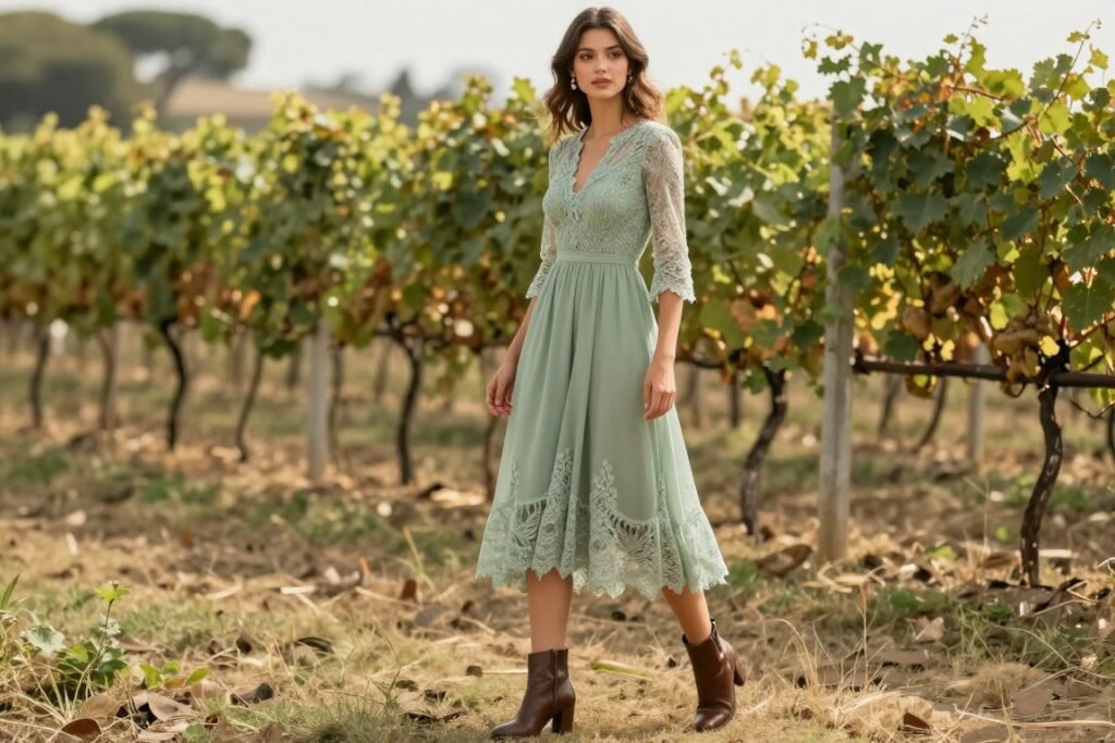 Semi-formal western wedding guest outfit featuring midi dress with boots