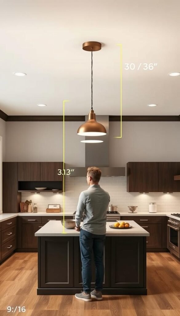 Side view showing proper pendant light hanging height above island Side view showing proper pendant light hanging height above island