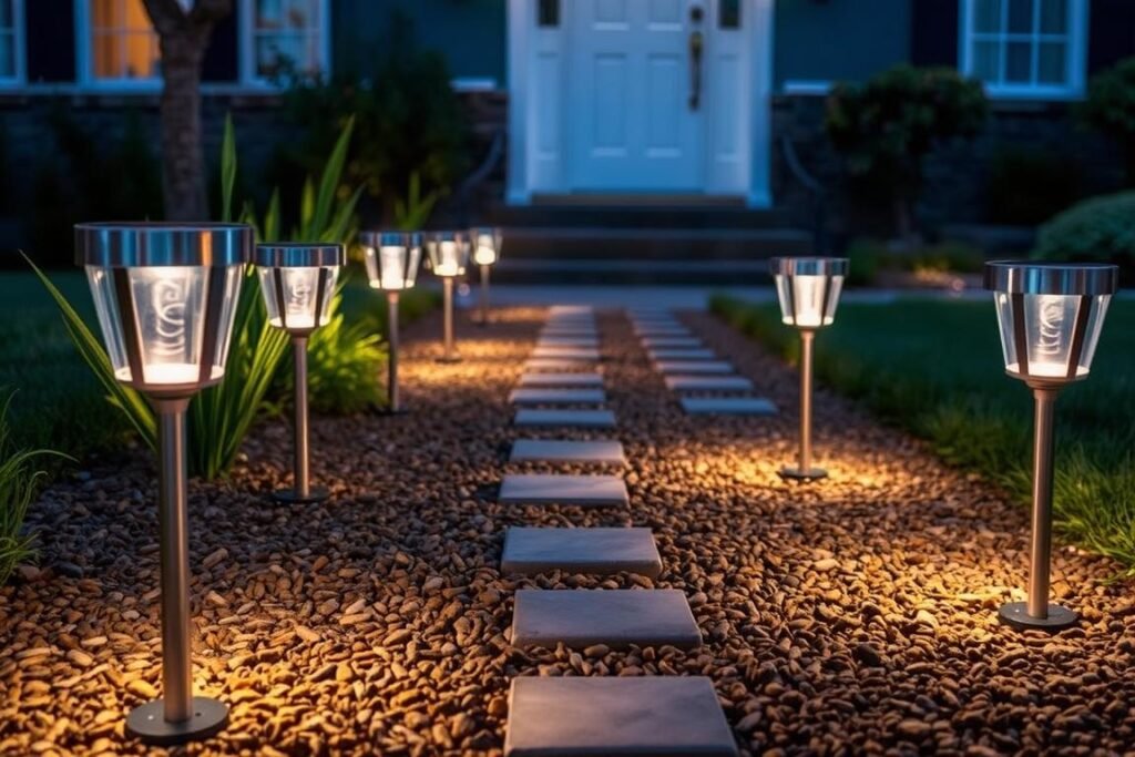 Solar-powered pathway lights along garden border near entrance Solar-powered pathway lights along garden border near entrance