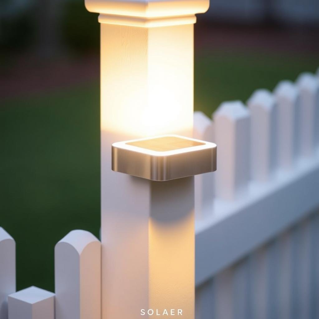 Solar-powered post cap light on fence Solar-powered post cap light on fence